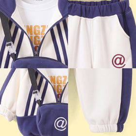 Boys Navy Blue Striped Jacket & Joggers With T-Shirt Sets 3 pc. Sets