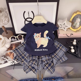 Girls Navy Blue Cap Sleeve Kitty Print T-Shirt With Checked Skirt Sets 2 pc. Sets Navy Blue 1-2 Y