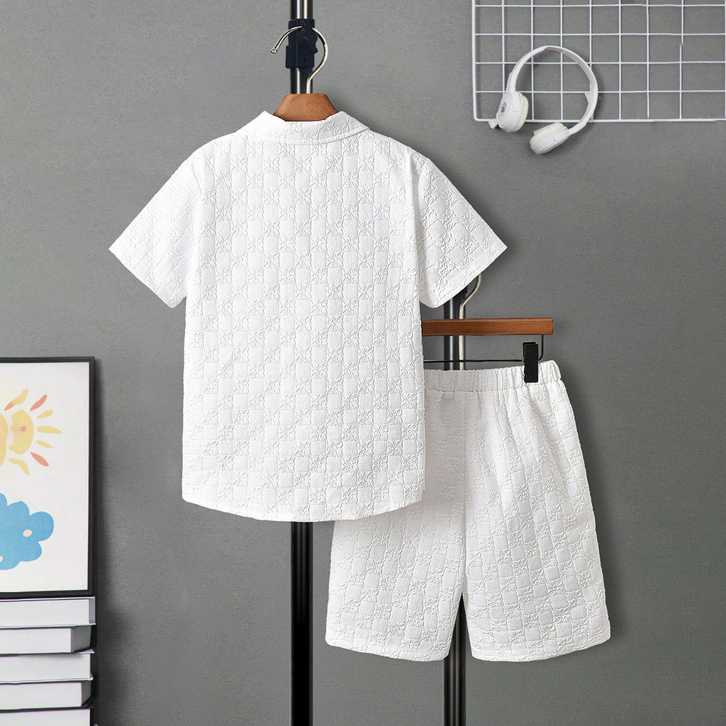 Boys White Self Designed Shirt With Shorts Set 2 pc. Sets
