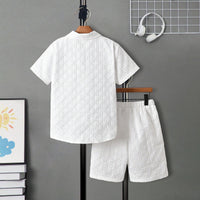 Boys White Self Designed Shirt With Shorts Set 2 pc. Sets