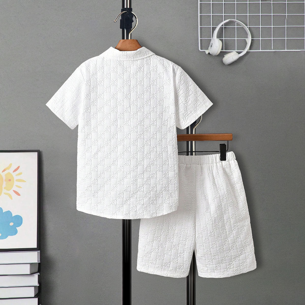Boys White Self Designed Shirt With Shorts Set 2 pc. Sets