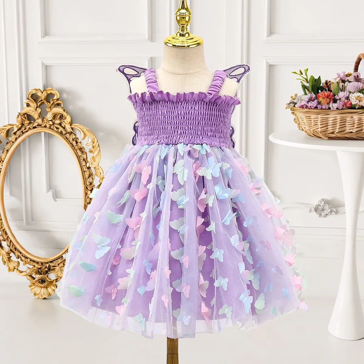 Girls Purple 3D Butterfly Wing Applique Tulle Overlay Fit & Flare Dress Casual Dresses Purple 2-3 Y