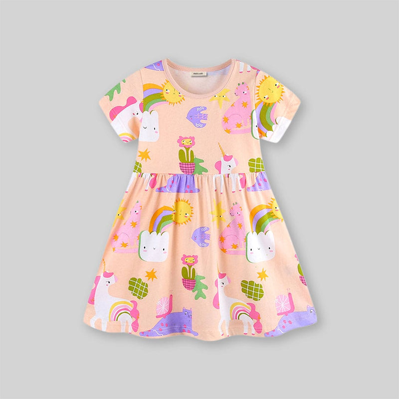Girls Cartoon Graphic Short Sleeve Fit & Flare Dress Casual Dresses   