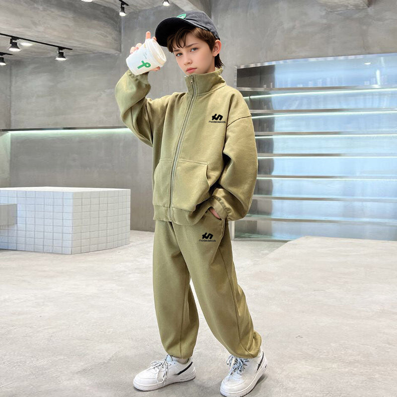 Boys Khaki Long Sleeve Front Open Sweatshirt With Pants Sets 2 pc. Sets