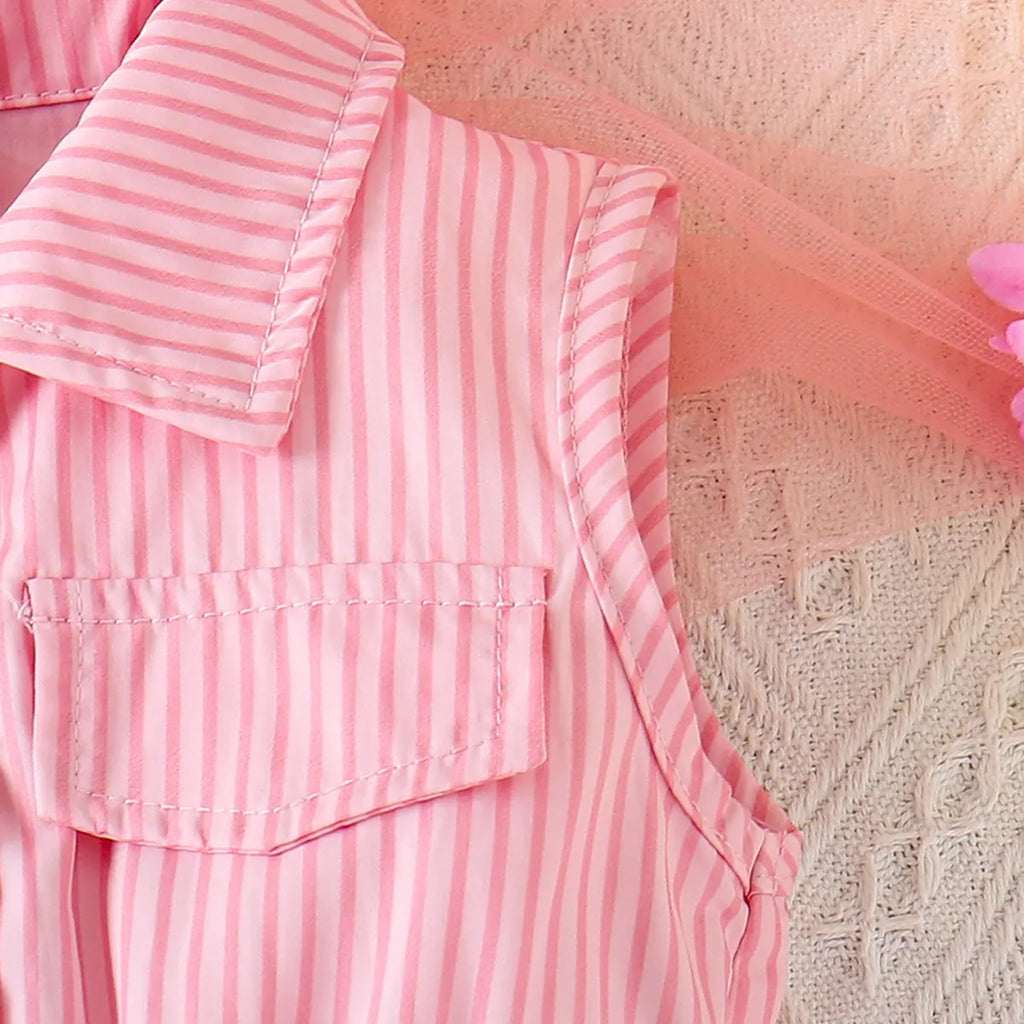 Girls Pink Striped Sleeveless Button-Front Belted Romper Jumpsuits