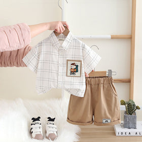Boys White Checkered Short Sleeves Shirt With Shorts Set 2 pc. Sets