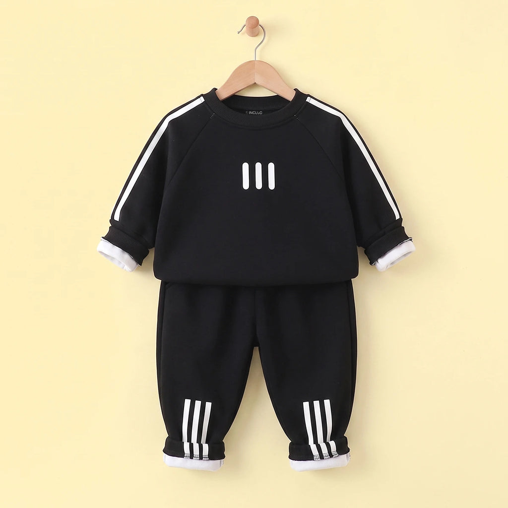 Boys Black Long-Sleeve Crewneck Sweatshirt & Elasticated Pants Sets With White Stripe 2 pc. Sets Black 1-2 Y