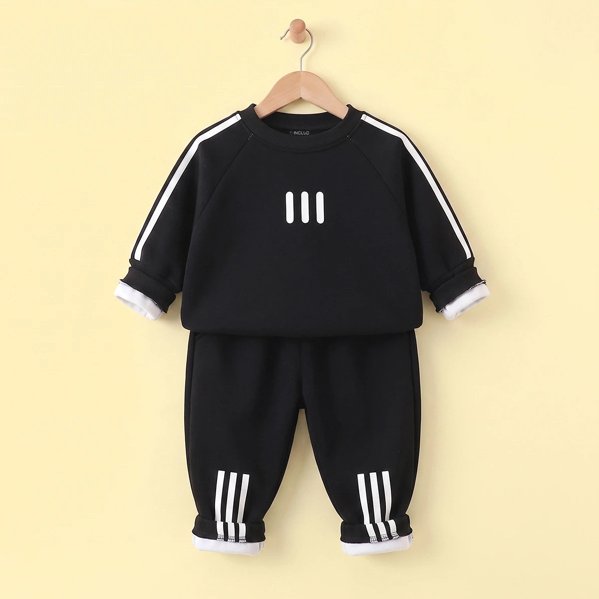 Boys Black Long-Sleeve Crewneck Sweatshirt & Elasticated Pants Sets With White Stripe 2 pc. Sets Black 1-2 Y