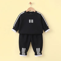 Boys Black Long-Sleeve Crewneck Sweatshirt & Elasticated Pants Sets With White Stripe 2 pc. Sets Black 1-2 Y