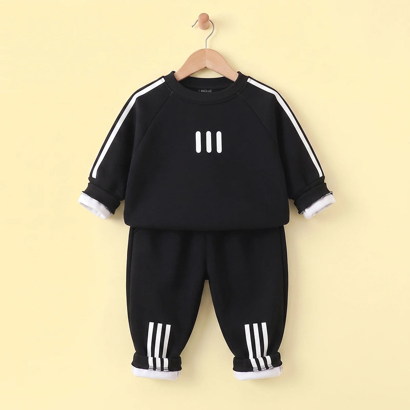 Boys Black Long-Sleeve Crewneck Sweatshirt & Elasticated Pants Sets With White Stripe 2 pc. Sets Black 1-2 Y