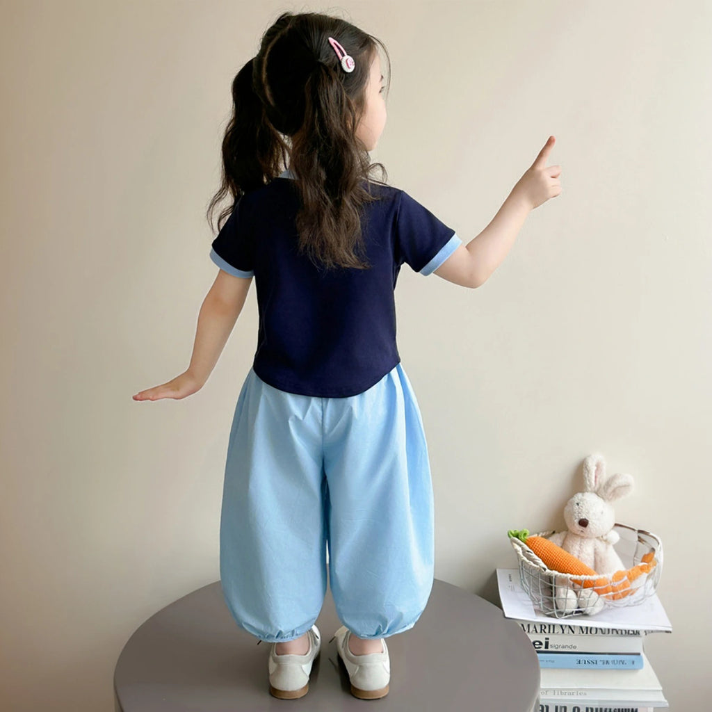 Girls Navy Blue Bunny Graphic Top With Balloon Cropped Pants Sets Sets