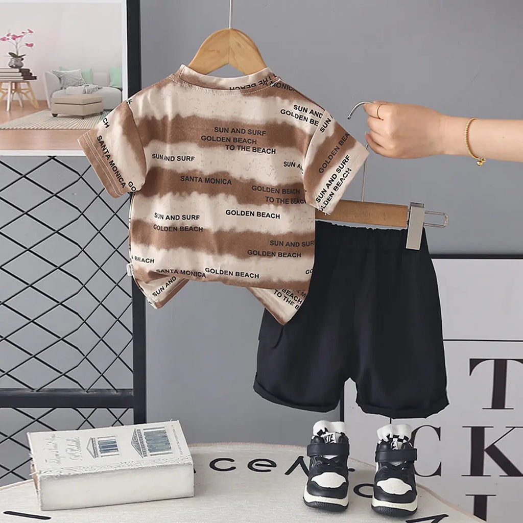 Boys Brown Typographic Printed Round Neck T-Shirt with Shorts Sets Sets