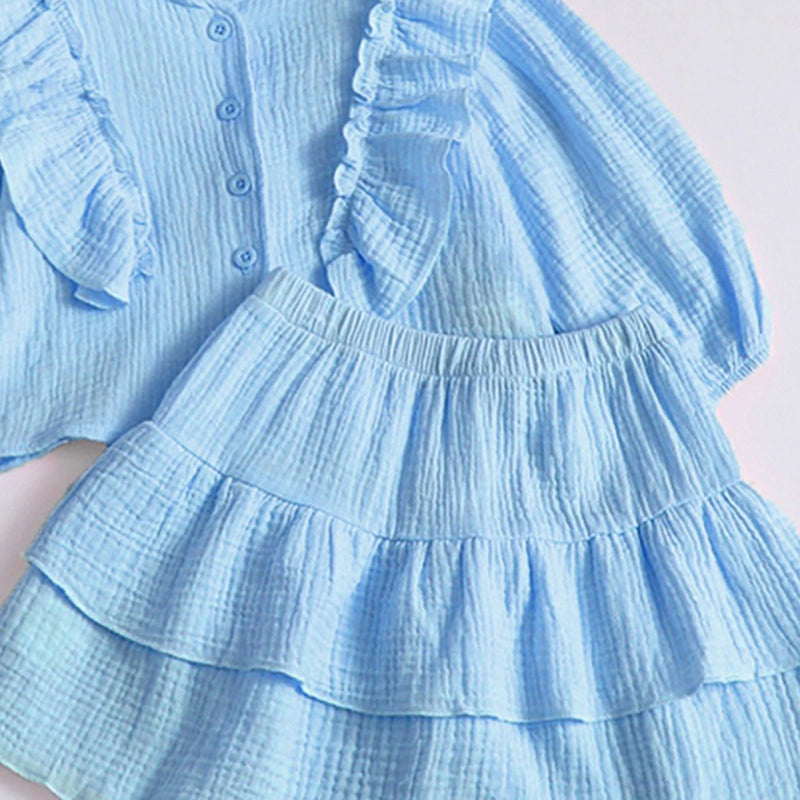 Girls Blue Textured Ruffled Top with Tiered Skirt Sets 2 pc. Sets