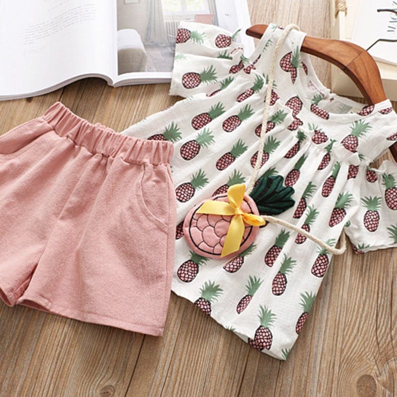 Girls Fruit Print Top with Solid Shorts Set