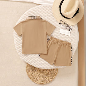 Boys Light Brown Checked Collar Polo T-Shirt With Shorts Set 2 pc. Sets