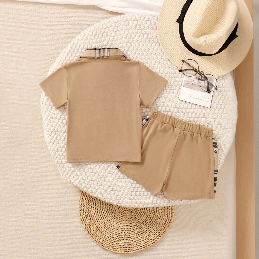 Boys Light Brown Checked Collar Polo T-Shirt With Shorts Set 2 pc. Sets