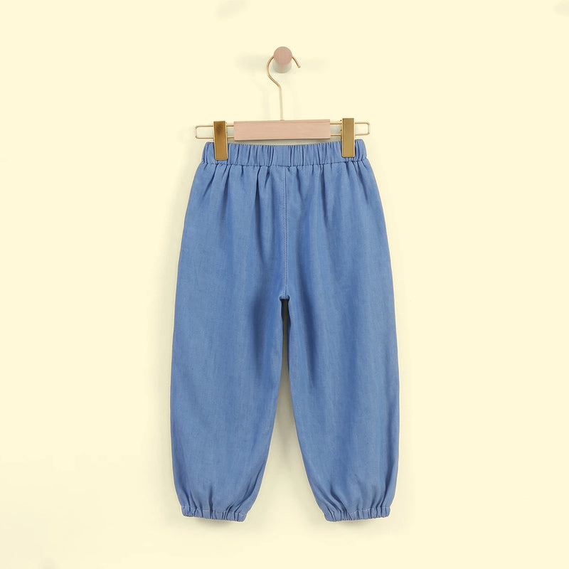 Girls Blue Floral Embroidered Pants Pants