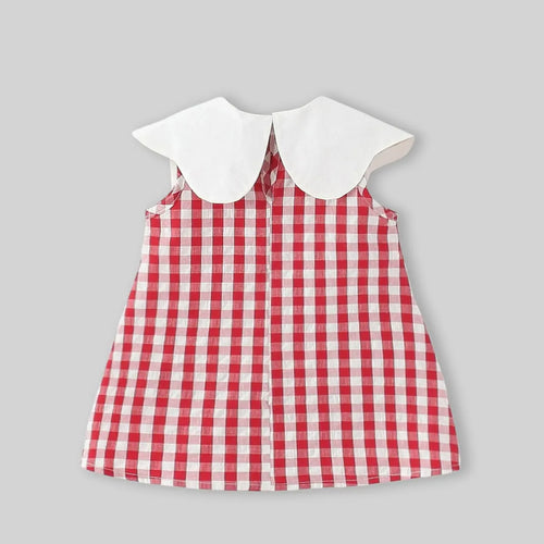 Girls Red Checked A-line Dress With Strawberry Patch Embroidery Casual Dresses
