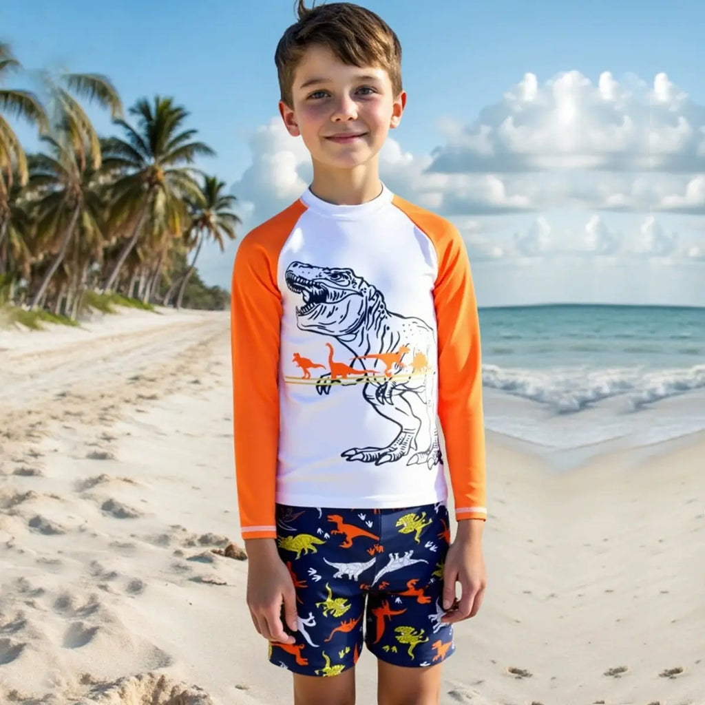 Boys White Dinosaur Printed Long Sleeves T-Shirt & Shorts Swimsuit Sets Sets