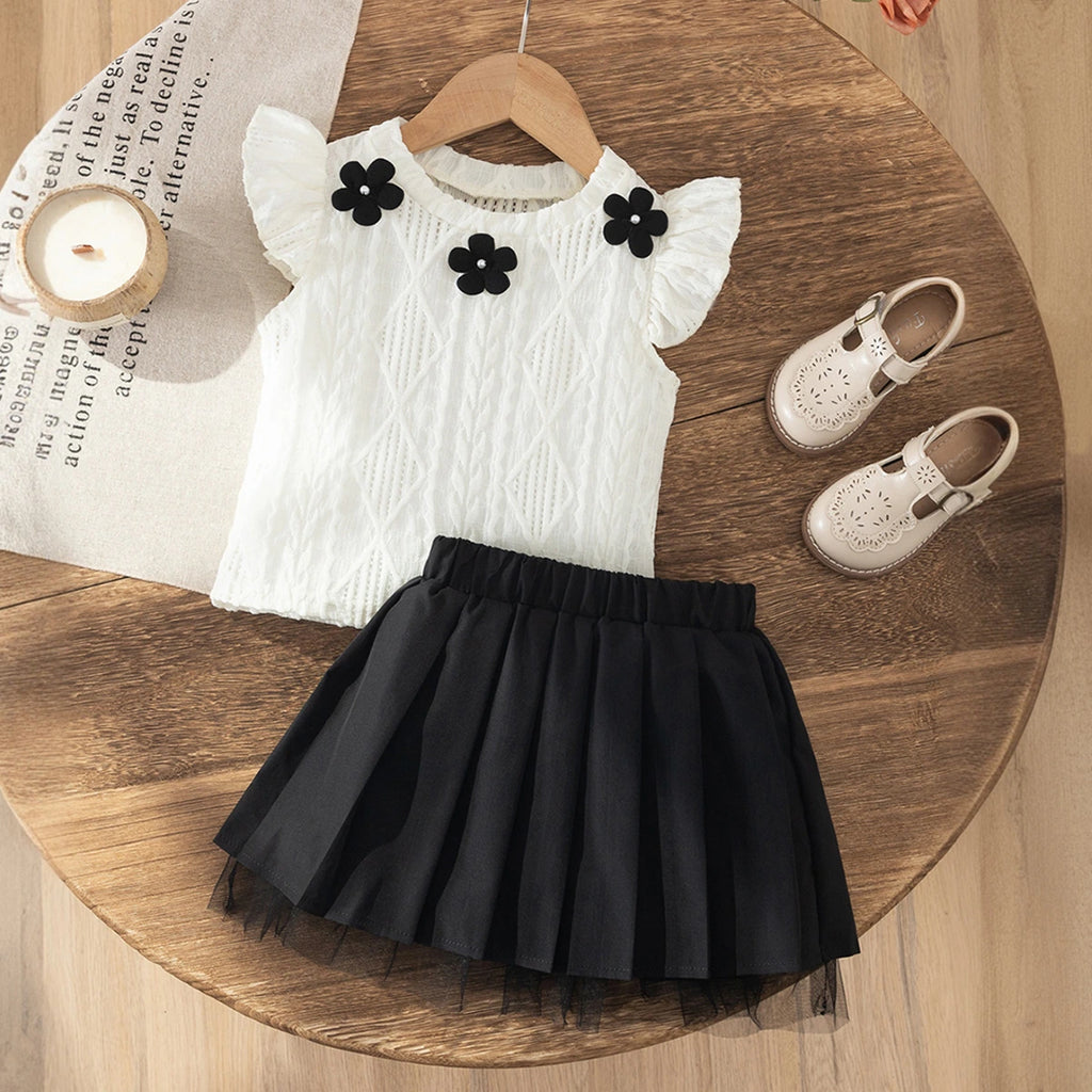 Girls White Flower Applique Flutter Sleeve Top With Skirt Sets 2 pc. Sets White 3-4 Y