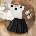 Girls White Flower Applique Flutter Sleeve Top With Skirt Sets 2 pc. Sets White 3-4 Y