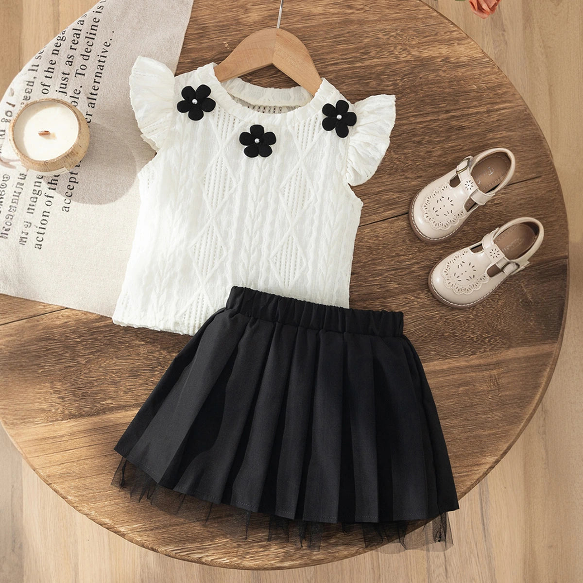 Girls White Flower Applique Flutter Sleeve Top With Skirt Sets 2 pc. Sets White 3-4 Y