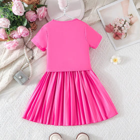 Girls Pink Flower Applique Short Sleeves Top With Pleated Skirts Co-ord Sets Sets