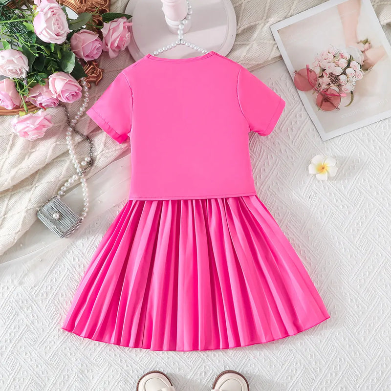 Girls Pink Flower Applique Short Sleeves Top With Pleated Skirts Co-ord Sets Sets