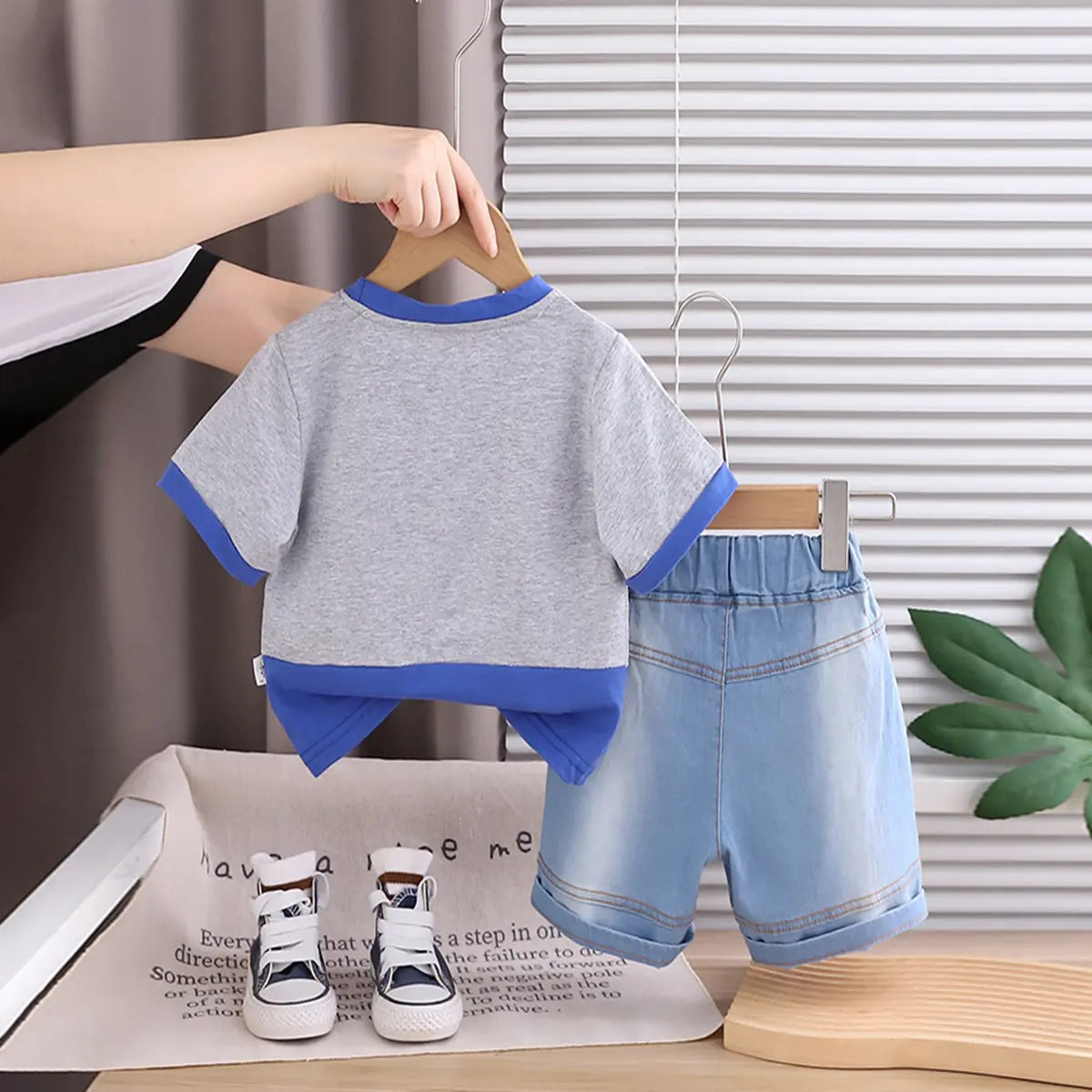 Boys Light Grey Graphic Printed Short Sleeve T-Shirt With Denim Shorts Sets 2 pc. Sets