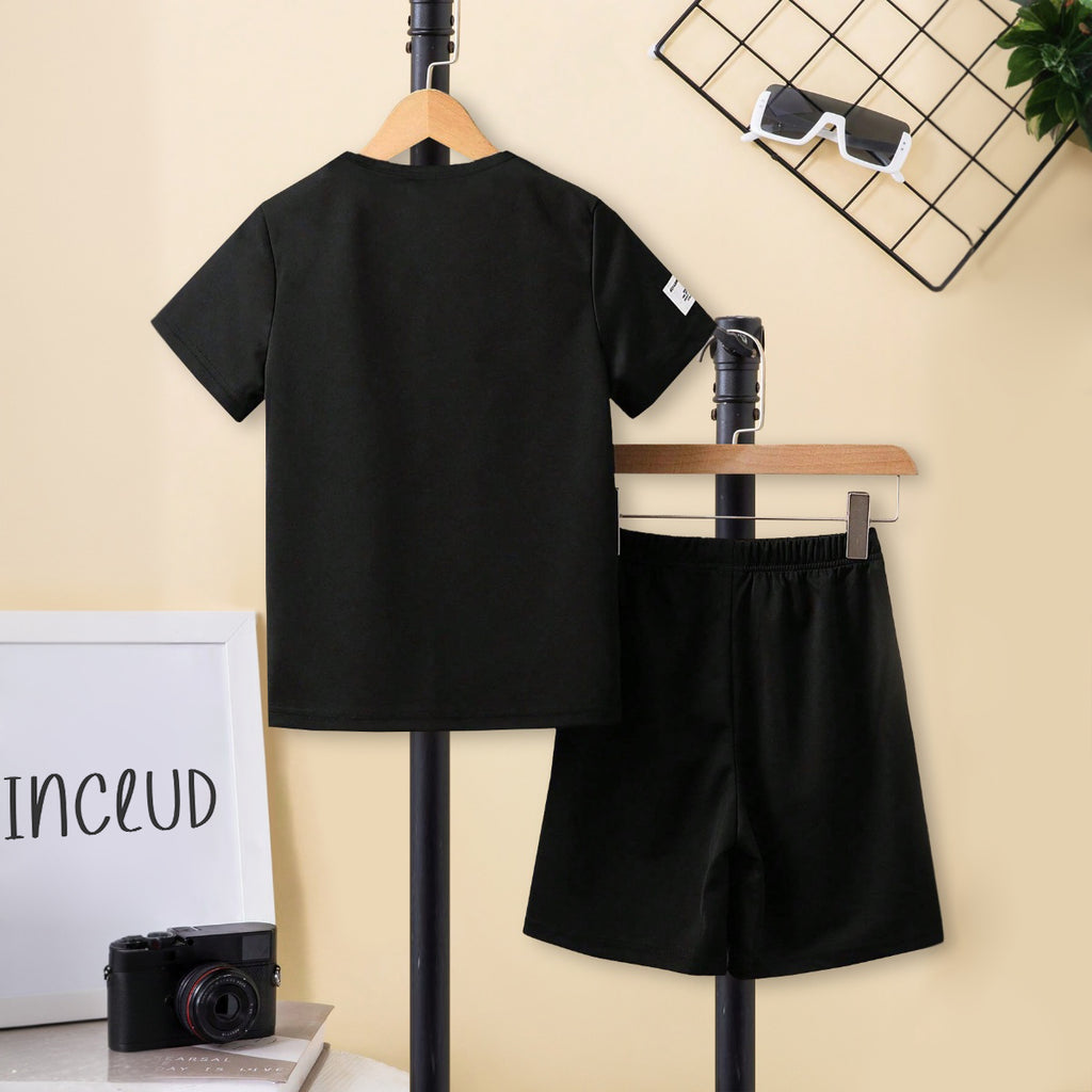 Boys Black Typographic Printed Short Sleeve T-Shirt With Elasticated Shorts Set 2 pc. Sets