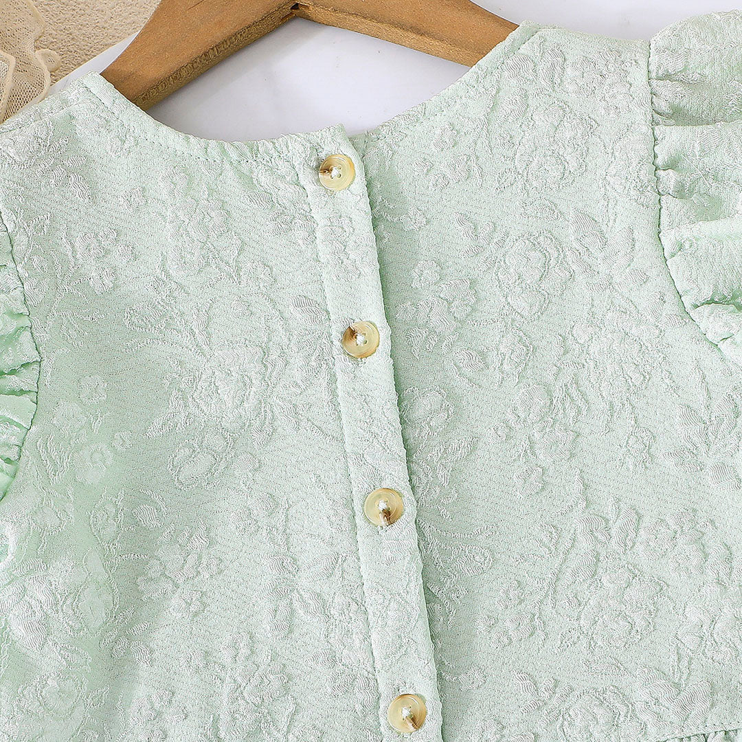 Girls Sea Green Floral Flutter Sleeves Square Neck Top With Shorts Set 2 pc. Sets