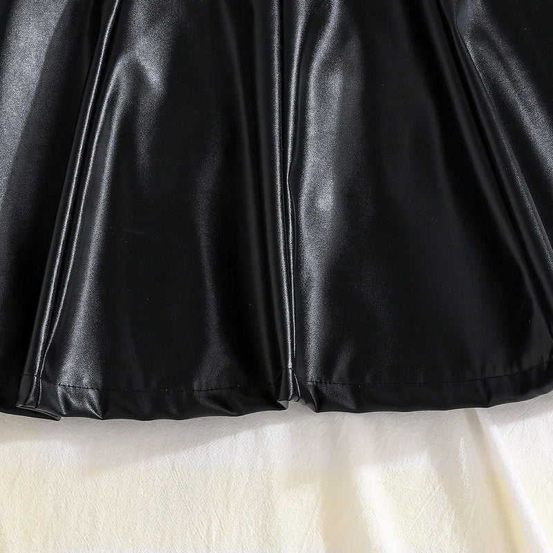 Girls Black Faux Leather Pinafore Dress With Long Sleeves Top Casual Dresses