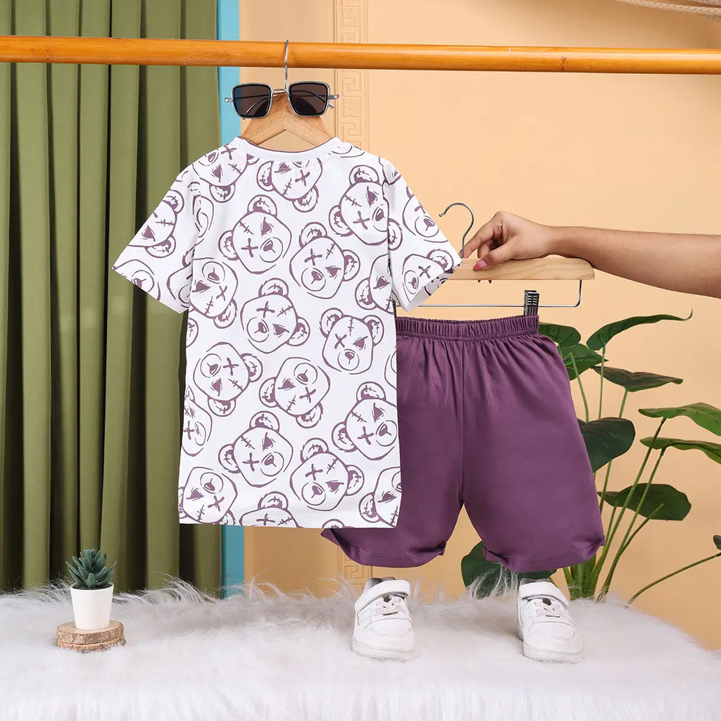 Boys Lavender Bear Print T-Shirt With Shorts Sets Sets