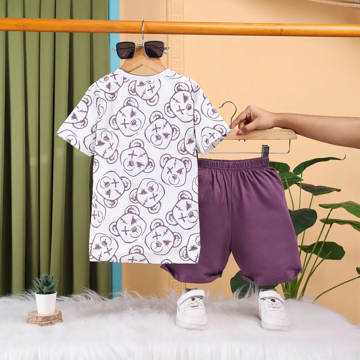 Boys Lavender Bear Print T-Shirt With Shorts Sets Sets