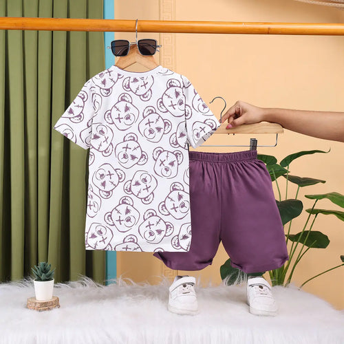 Boys Lavender Bear Print T-Shirt With Shorts Sets Sets