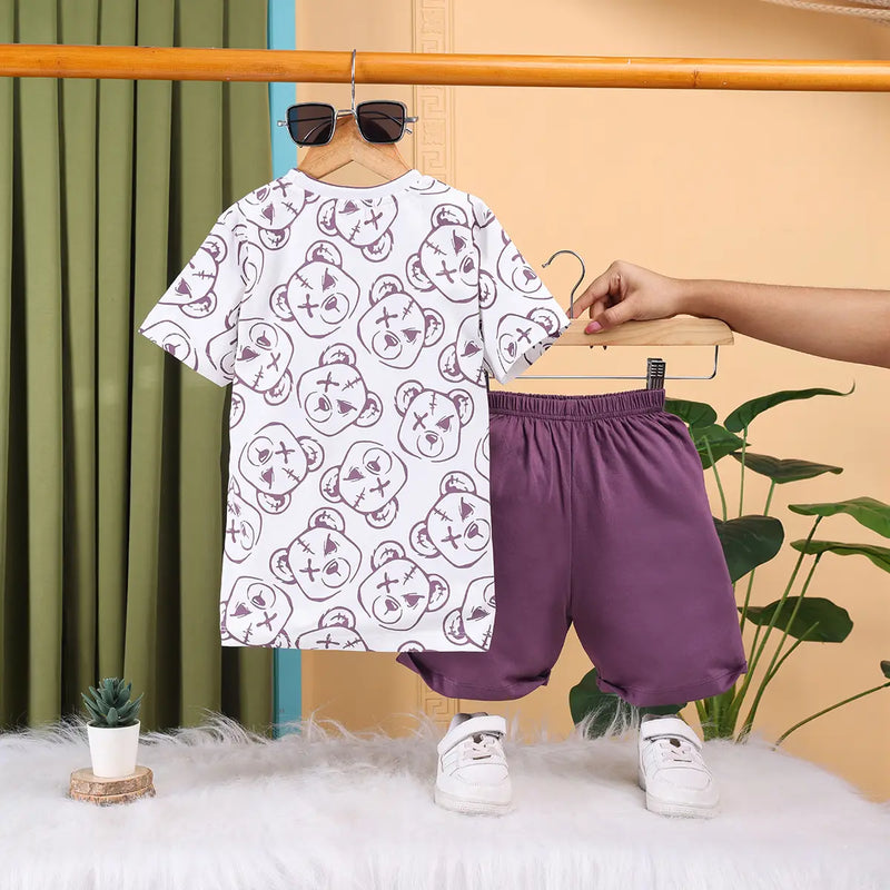 Boys Lavender Bear Print T-Shirt With Shorts Sets Sets