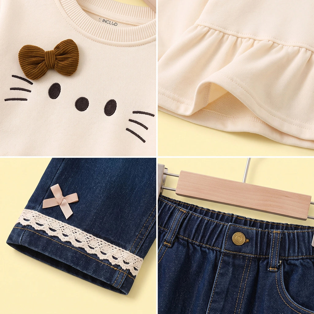 Girls Beige Graphic Peplum Top With Pants Sets Sets