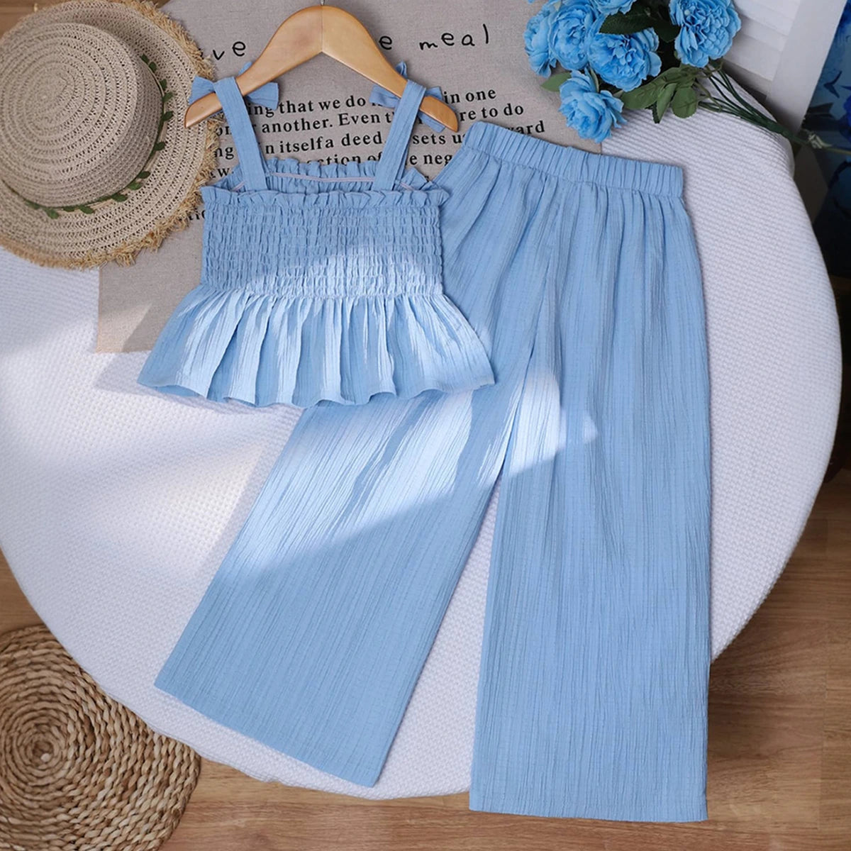 Girls Blue Textured Sleeveless Top With Pants Sets 2 pc. Sets