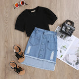 Girls Black Short Sleeves Top With A-line Distress Denim Skirt Sets