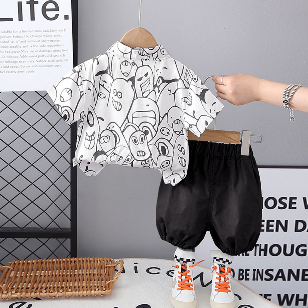 Boys Dark Grey Graffiti Printed Short Sleeves Shirt With Inner Tee And Shorts Set 3 pc. Sets