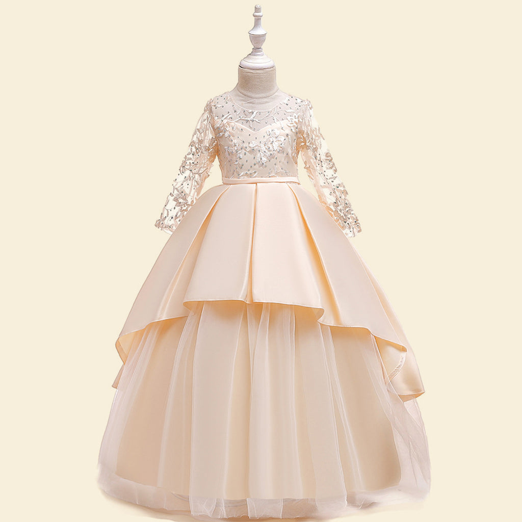 Girls Embroidered Sateen Party Tulle Gown