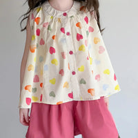 Girls Pink Heart Print Button-Down Top With Shorts Sets Sets