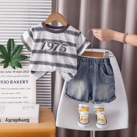 Boys Grey Alphanumeric Print T-Shirt With Denim Shorts Set Sets Grey 1-2 Y