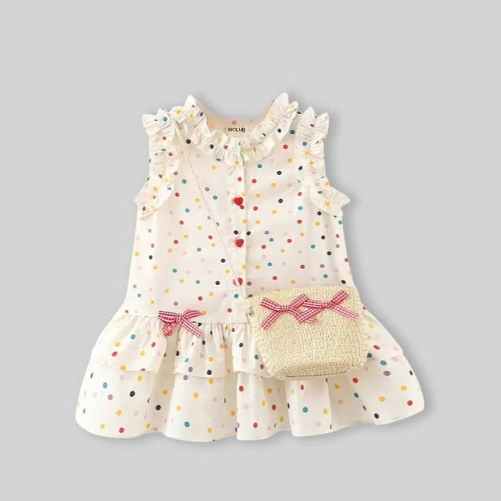 Girls Beige Polka Dot Print Drop-Waist Dress With Straw Sling Bag Casual Dresses