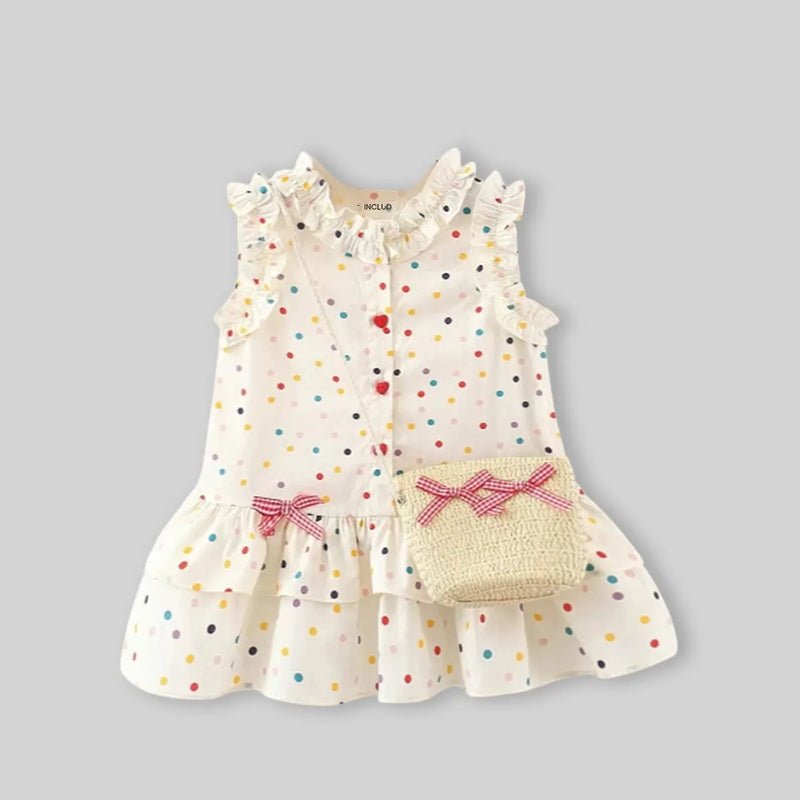 Girls Beige Polka Dot Print Drop-Waist Dress With Straw Sling Bag Casual Dresses