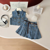 Girls Blue Puff Sleeve Top With Denim Skirt Sets