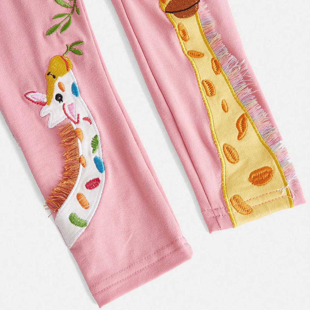 Girls Pink Giraffe Embroidered Leggings Leggings & Tights