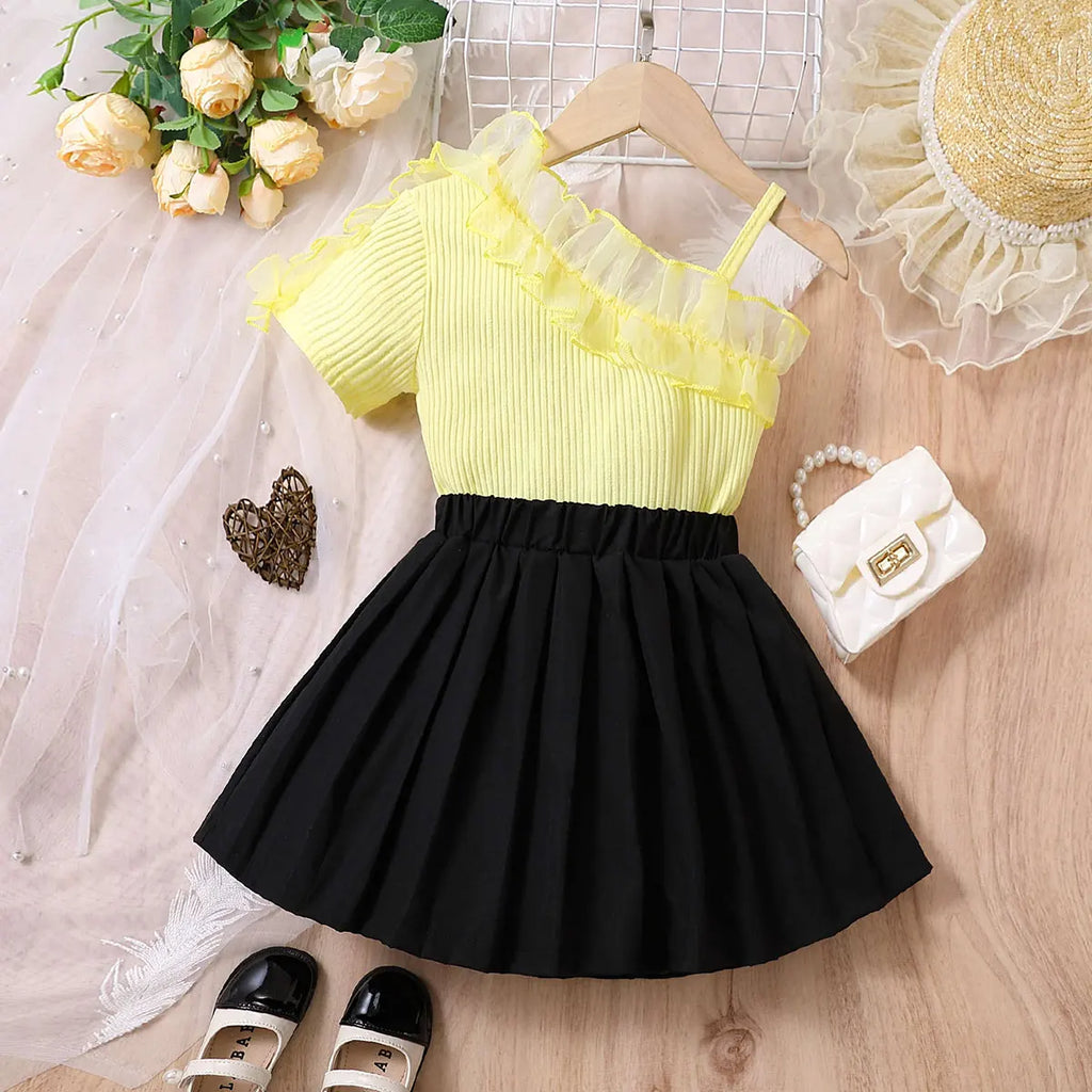 Girls Yellow Ribbed One Shoulder Top With Pleated Skirt Sets 2 pc. Sets Yellow 3-4 Y