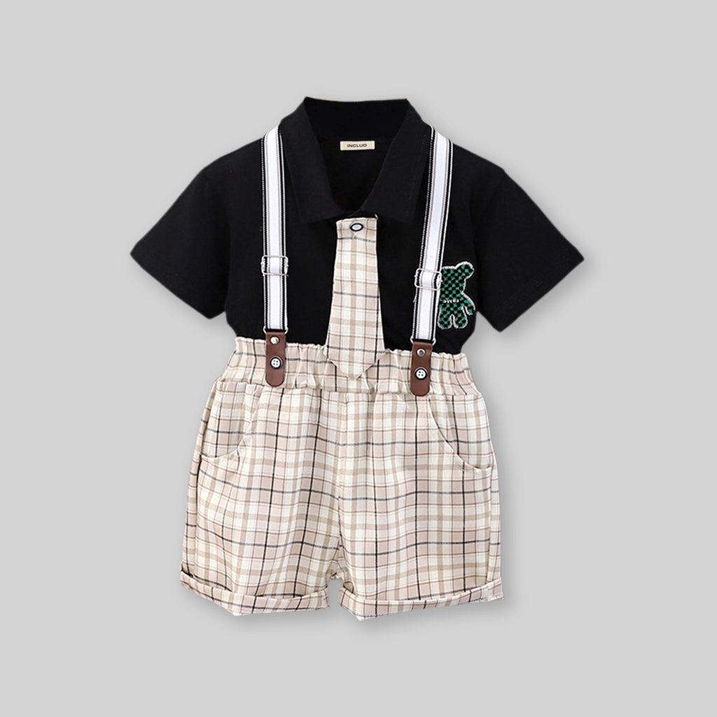 Boys Polo T-shirt with Checkered Suspender Shorts Set