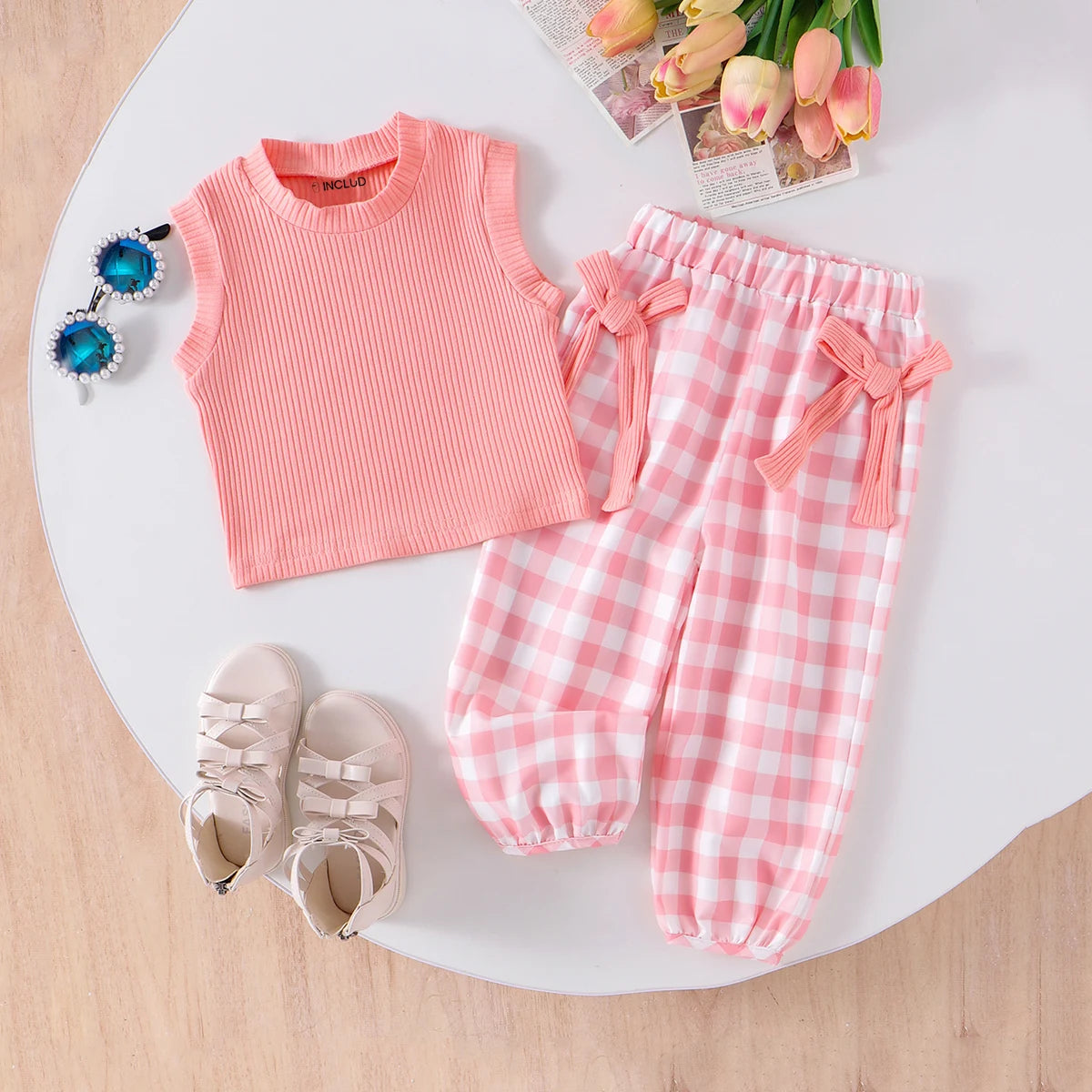 Girls Peach Ribbed Tank Top with Bow Applique Pants Sets 2 pc. Sets Peach 1-2 Y